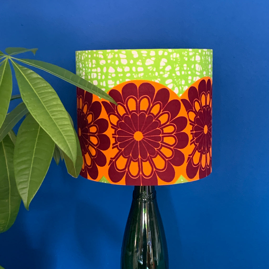 Orange and Green retro style, Matico Drum - flower power - Lampshade, handmade in by a small business in Cardiff 